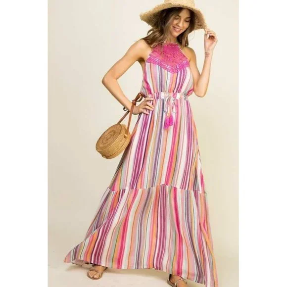 Main Strip Striped Halter & Lace Maxi Dress - Picture 2 of 6